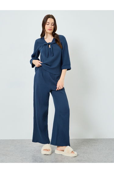 Women Double Gauze Cotton Tie Front Top and Wide Leg Pyjama Set