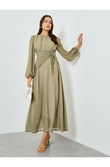 Khaki Balloon Sleeve Ruched Waist A-Line Maxi Dress