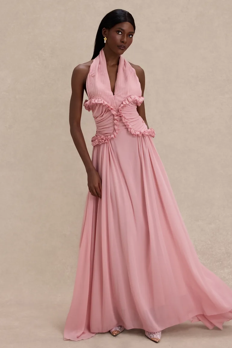 pleated frill halter neck maxi dress Pleated Maxi Dress