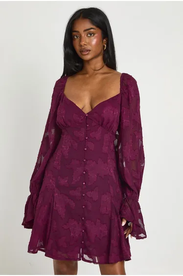 Burnout Floral Godet Hem Mini Dress - plum