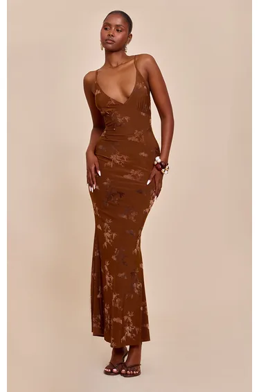 Brown Devore V-neck Maxi Dress