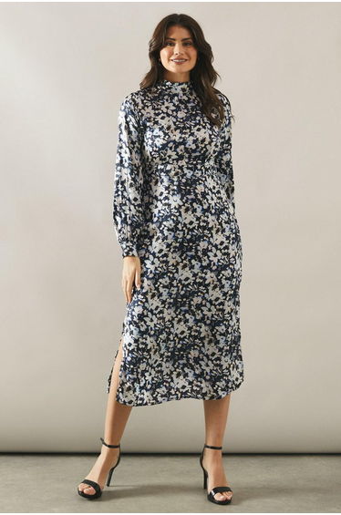 Floral Print High Neck Satin Midi Dress