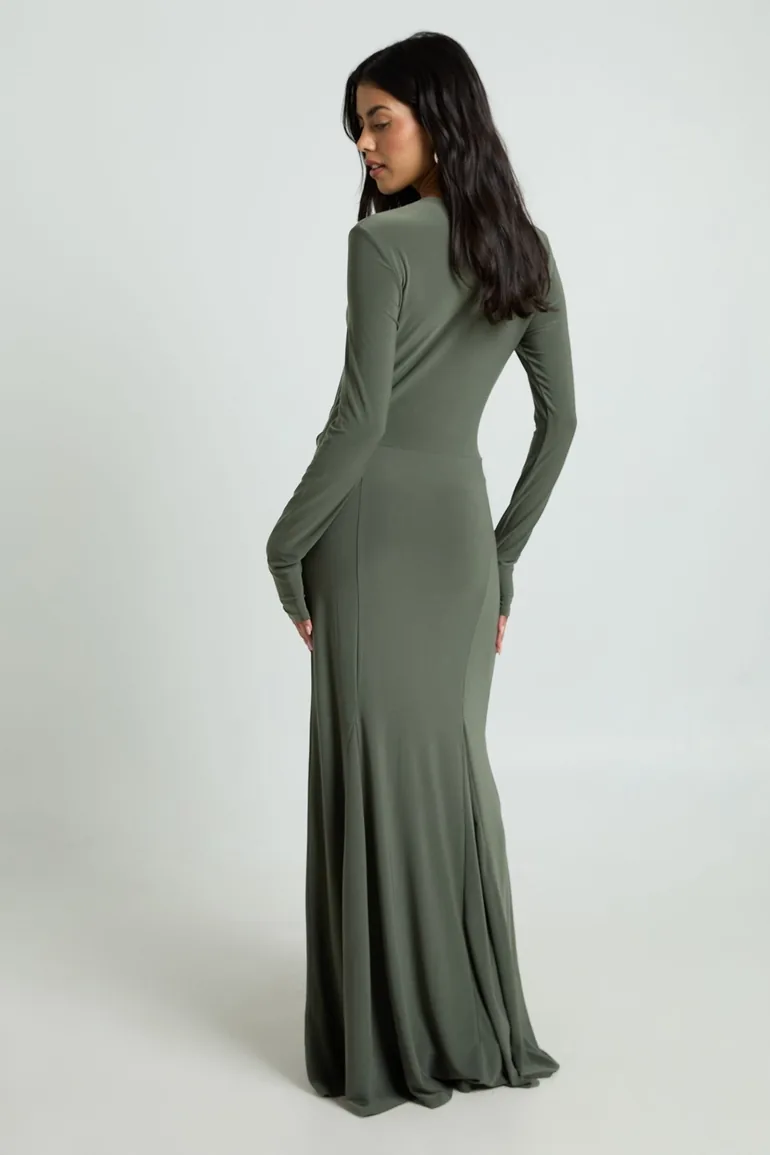 Slinky Long Sleeve O Ring Tie Waist Maxi Dress - khaki - 1
