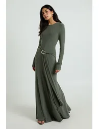 Slinky Long Sleeve O Ring Tie Waist Maxi Dress - khaki - 2