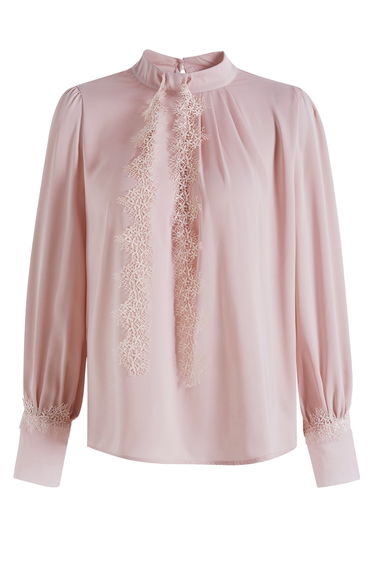 Lace Trim Puff Sleeve Satin Shirt in Pink for Office Work & Tea Party