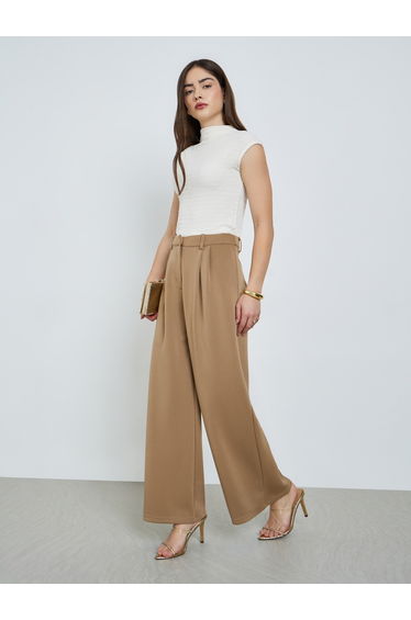 Tan Wide Leg Pleated Trousers