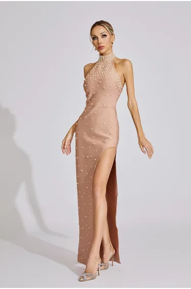 Clover Apricot Pearl Halter Maxi Dress