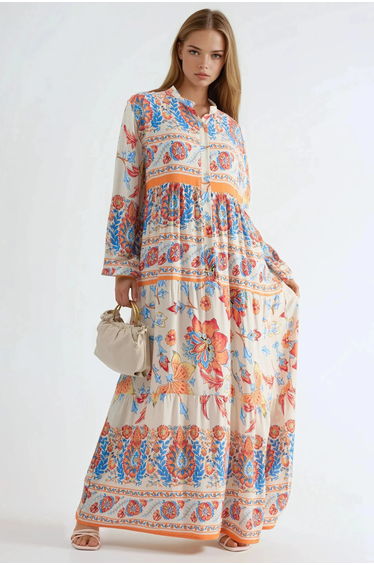 Patterned V-neck Maxi Dress with Button Closure
