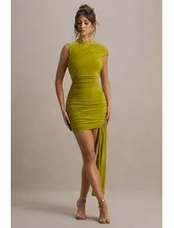 Nocturnal | Green Ruched Mini Dress With Sash - 5