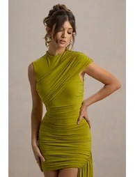Nocturnal | Green Ruched Mini Dress With Sash - 4