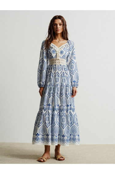 Women Tassel Trim V Neck Maxi Dress