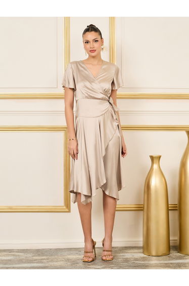 Satin Frill Asymmetric Hem Wrap Midi Dress