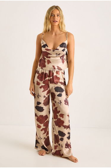 Cow Satin Cowl Pajama Pants and Robe 3pc Set