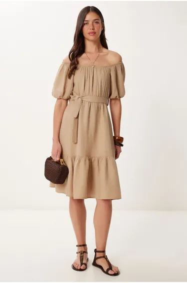 Women's Beige Flounce Summer Muslin Dress
