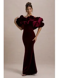 Cecily | Red Velvet Bardot Maxi Dress With Satin Ruffle Trim - 4