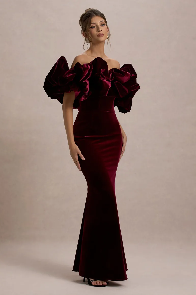 Cecily | Red Velvet Bardot Maxi Dress With Satin Ruffle Trim - 3