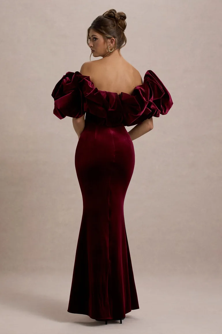 Cecily | Red Velvet Bardot Maxi Dress With Satin Ruffle Trim - 1