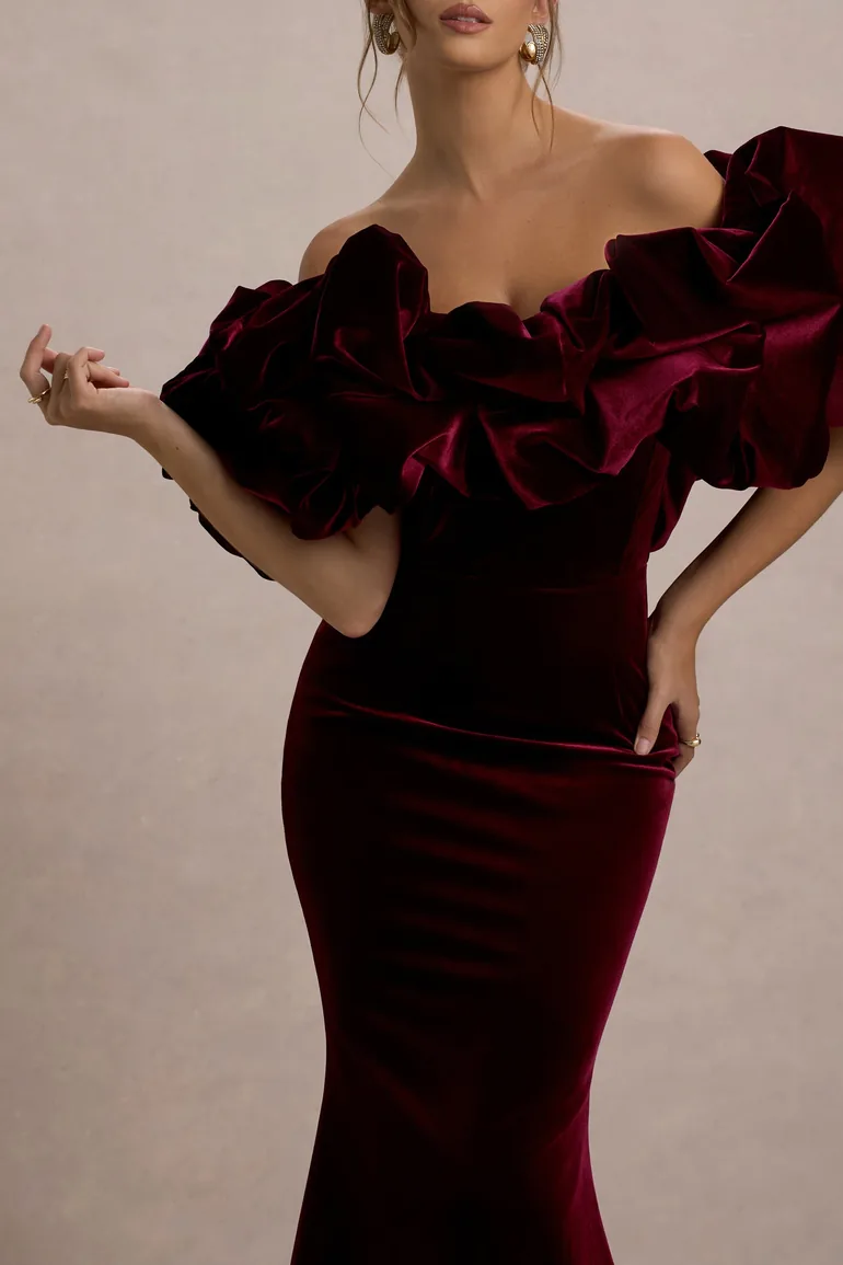 Cecily | Red Velvet Bardot Maxi Dress With Satin Ruffle Trim - 2