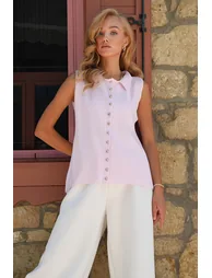 Women's Pink Polo Collar Gold Buttoned Knitwear Vest