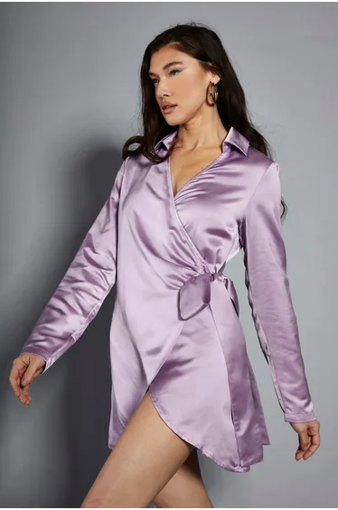 Glamorous Studio Lavender Satin Mini Wrap Dress with Collar