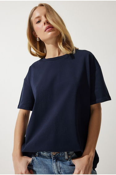 Women's Navy Blue Loose Basic Cotton T-Shirt