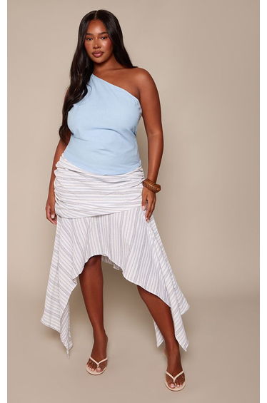 Plus White Stripe Asymmetrical Hem Hanky Midi Skirt