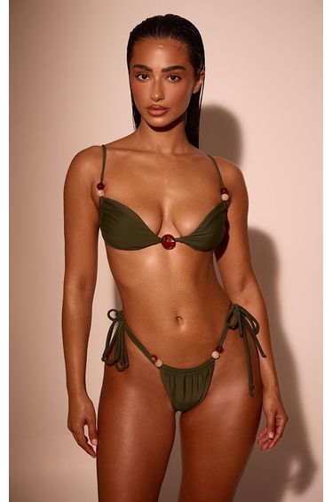 Dark Green Beads Trim Tie Side Bikini Bottoms