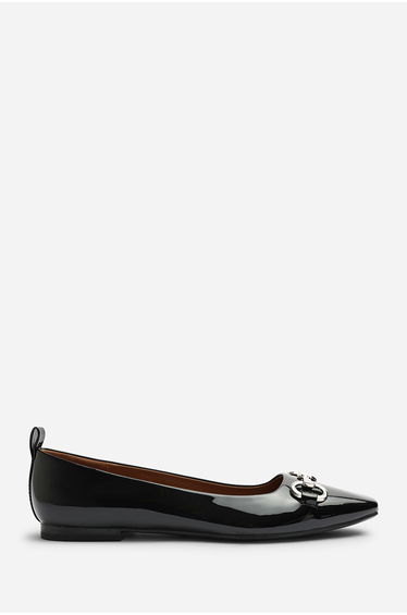Lauren Wide Fit Snaffle Trim Detail Square Toe Ballet Flats in Black Patent