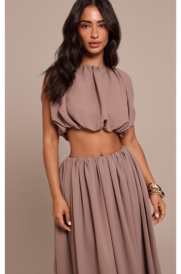 Petite Taupe Chiffon Boatneck Bubble Sleeveless Top
