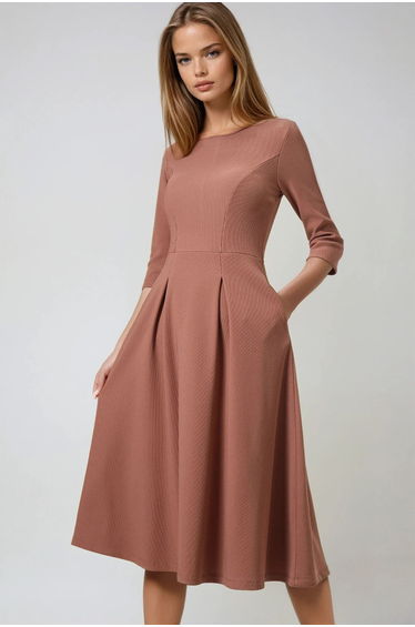 Women's Cinnamon Brown Boat Neck Three Quarter Sleeve Pleated Detail Double Pocket Midi Length Flared Dress