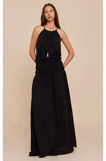 Black Chiffon Shirred Maxi Dress