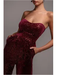 Goddiva Sequin & Velvet Corset Jumpsuit - Wine - 2