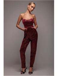 Goddiva Sequin & Velvet Corset Jumpsuit - Wine