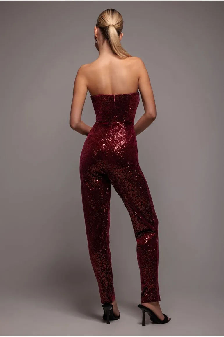 Goddiva Sequin & Velvet Corset Jumpsuit - Wine - 1