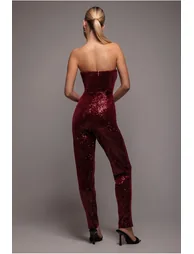 Goddiva Sequin & Velvet Corset Jumpsuit - Wine - 1