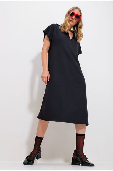 Women's Black Polo Neck Woven Dress with Side Slits