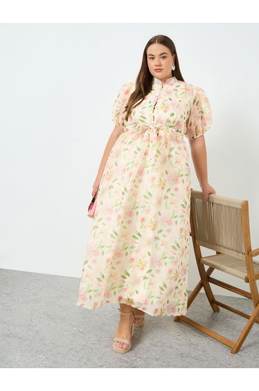 Plus Size Floral Print Puff Sleeves A-Line Maxi Dress