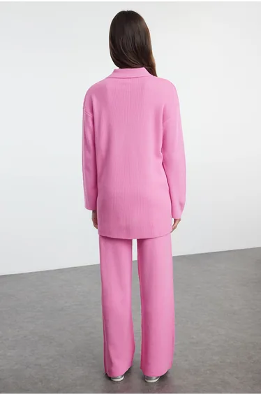 Pink Polo Neck Twill Knitwear Bottom-Top Set