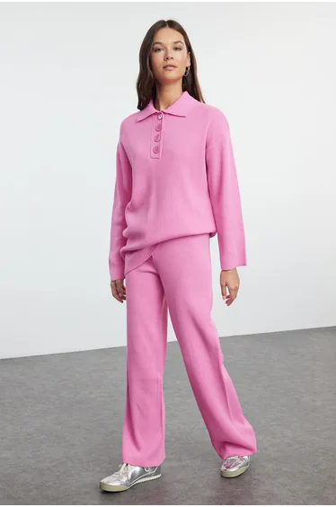 Pink Polo Neck Twill Knitwear Bottom-Top Set