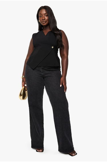 PLUS WRAP FRONT GOLD BUTTON WAISTCOAT - black