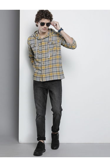 Men Grey Checked Hooded Shirt