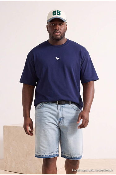 Plus Size Navy Blue Oversized /Wide Cut 100% Cotton Dinosaur Embroidered T-Shirt