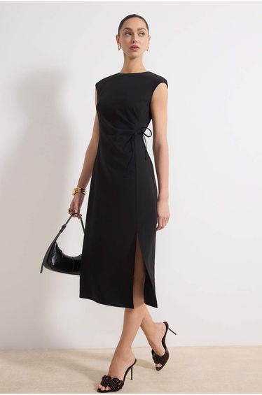 Black Straight Midi Woven Dress