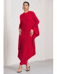 Keva | Red Long Sleeve Ruched Maxi Dress with Cape Detailing