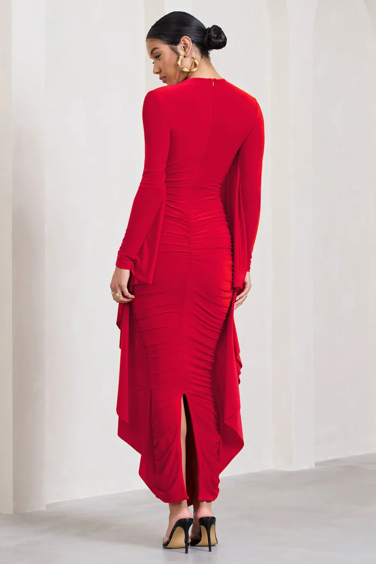Keva | Red Long Sleeve Ruched Maxi Dress with Cape Detailing - 1