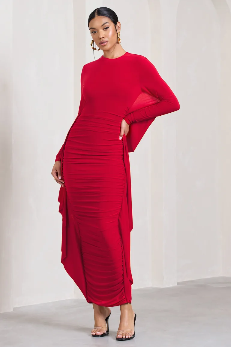 Keva | Red Long Sleeve Ruched Maxi Dress with Cape Detailing - 4