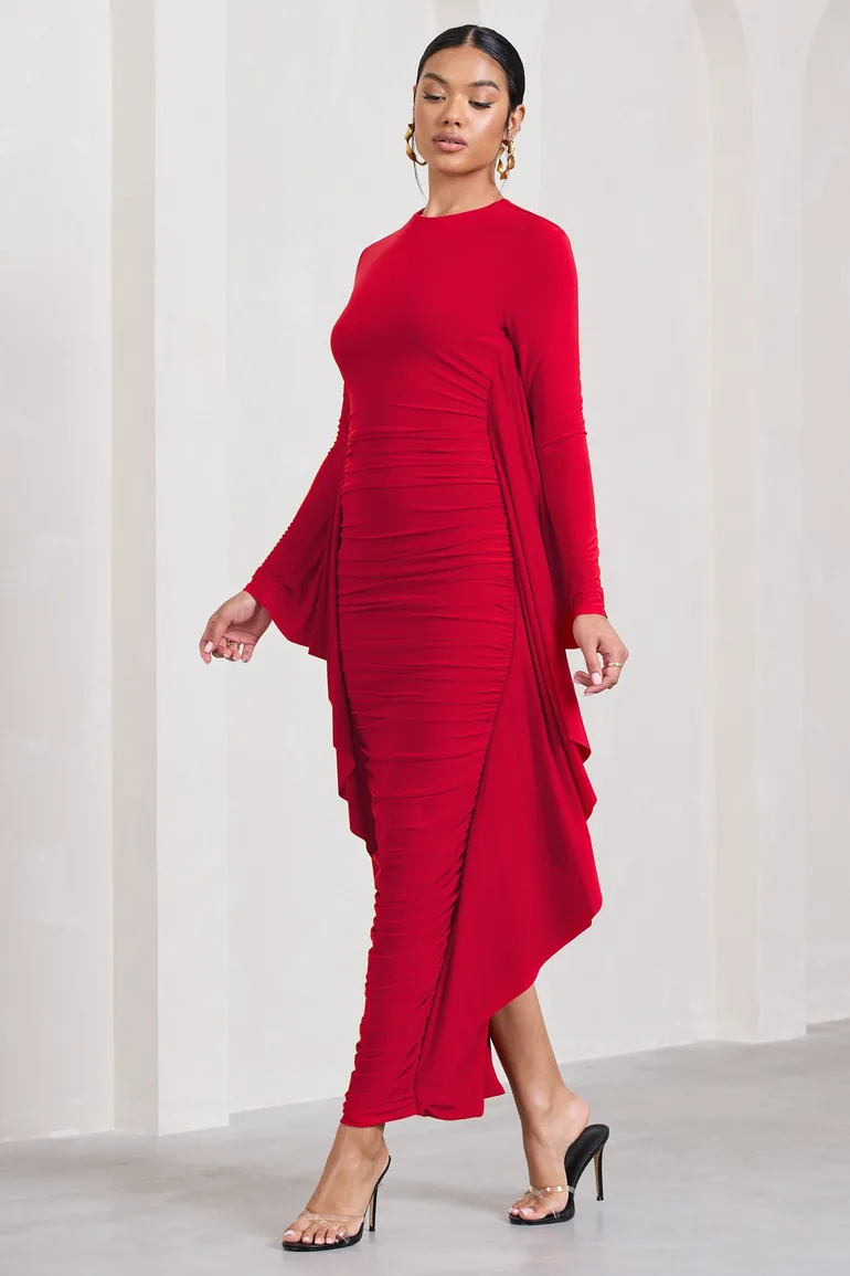 Keva | Red Long Sleeve Ruched Maxi Dress with Cape Detailing - 3