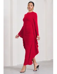 Keva | Red Long Sleeve Ruched Maxi Dress with Cape Detailing - 3