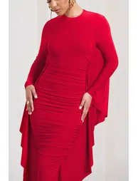 Keva | Red Long Sleeve Ruched Maxi Dress with Cape Detailing - 2