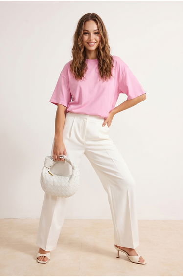 Light Pink 100% Cotton Premium Oversize/Wide Pattern Crew Neck Knitted T-Shirt